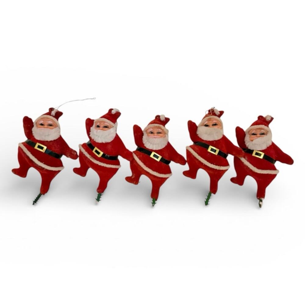 Vintage Flocked Santa Claus Dancing Ornaments Set of Five Hong Kong 4” Kitsch